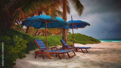 Beach chairs on white sand palm beach with cloudy blue sky and sun