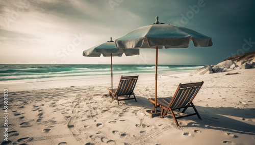 Beach chairs on white sand palm beach with cloudy blue sky and sun. AI Generated