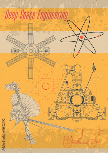 Spacecraft Retro Futurism Satellite Drawing Poster. Lunar Module Vintage Engineering Illustration