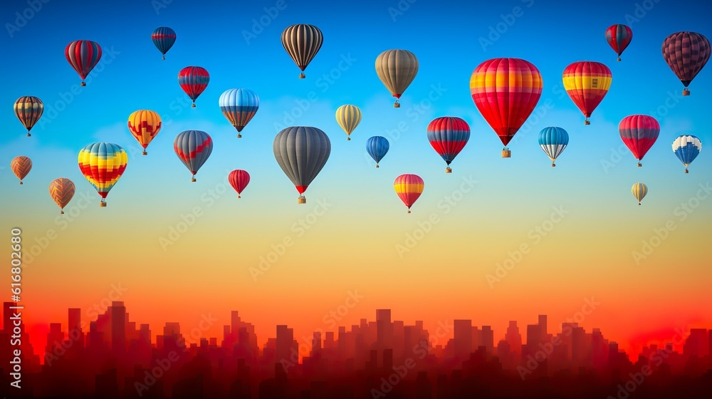 Obraz premium Skyward Spectacle: Abstract Art of Hot Air Balloons Over City made with Generative AI