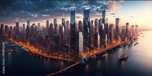 Futuristic, city of the future. Creative concept of a futuristic cityscape, skyscrapers, towers, tall buildings. © Andreas