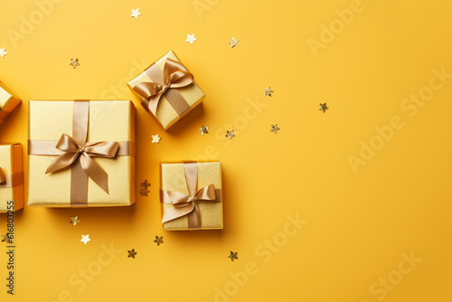 Golden ribbon gift box on yellow background. Top view concept Space for text