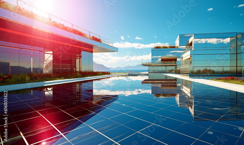 Sustainable Opulence: Exquisite Modern Luxury Homes Adorned with Mirrored Glass Facades and Adorned with Solar Panels, Embracing Renewable Energy Beneath a Clear Sky Bathed in Sunshine