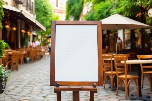 Empty white menu stand in wooden frame 