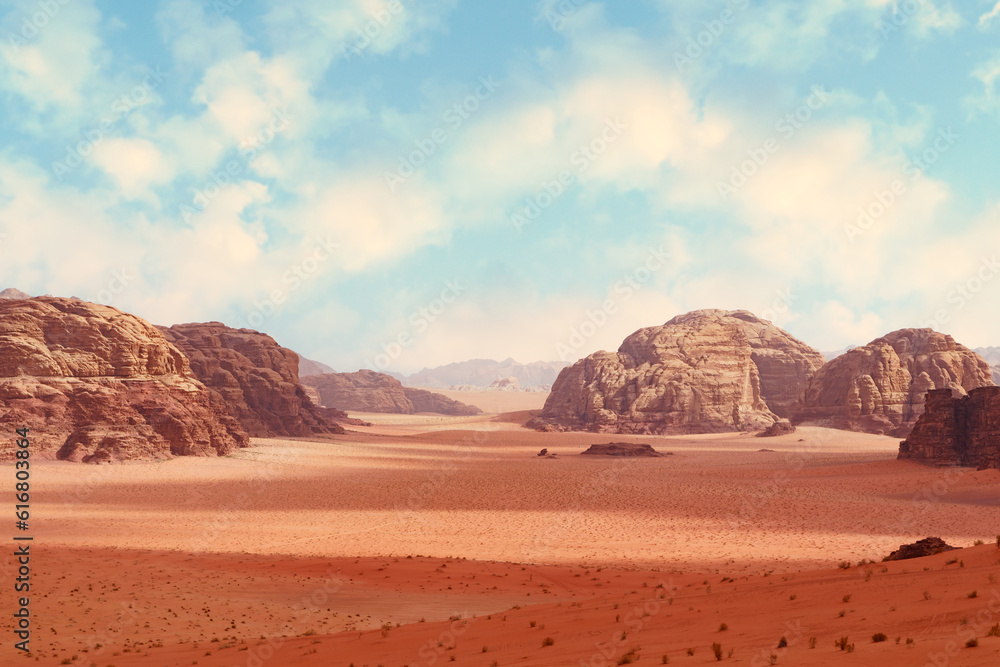 Wadi Rum desert, Jordan, The Valley of the Moon. Orange sand and rocks, white clouds on blue sky. Wadi Rum desert, Jordan, The Valley of the Moon. Orange sand and rocks, white clouds on blue sky.