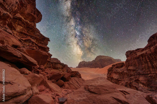 Majestic view of the Wadi Rum desert  Jordan  The Valley of the Moon. Orange sand  Milky Way sky.