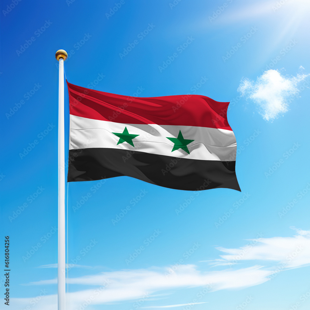 Naklejka premium Waving flag of Syria on flagpole with sky background.
