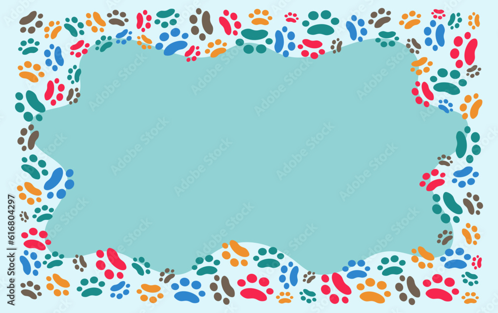 Frame cartoon footprints, paw prints of the animal. Vector background for print design . Card with space for text. Pet products. Pet notice banner concept vector illustration. Background isolated. Frame cartoon footprints, paw prints of the animal. Vector background for print design . Card with space for text. Pet products. Pet notice banner concept vector illustration. Background isolated.