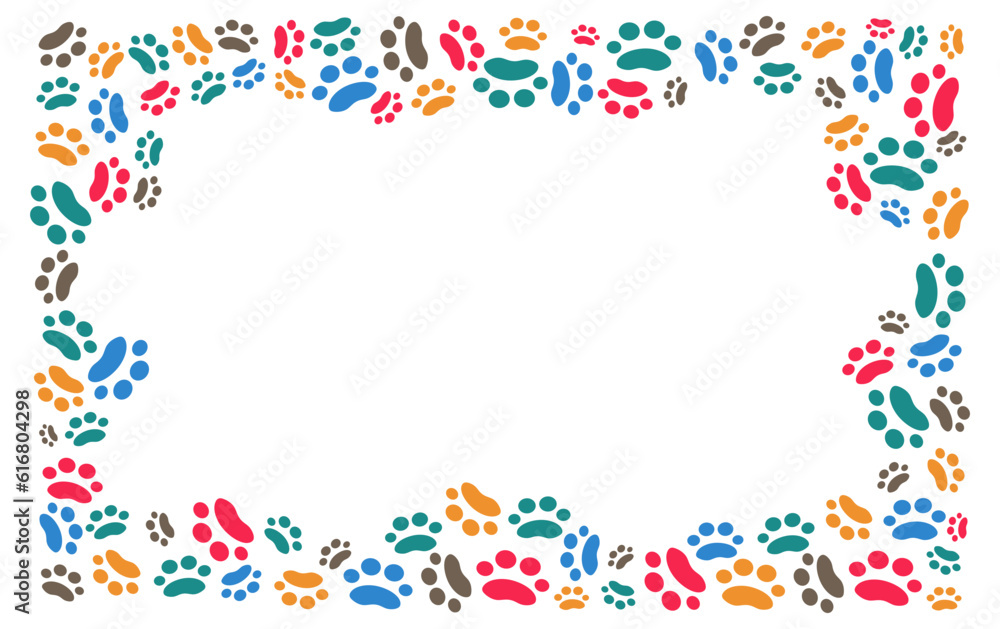 Frame cartoon footprints, paw prints of the animal. Vector background for print design . Card with space for text. Pet products. Pet notice banner concept vector illustration. Background isolated.