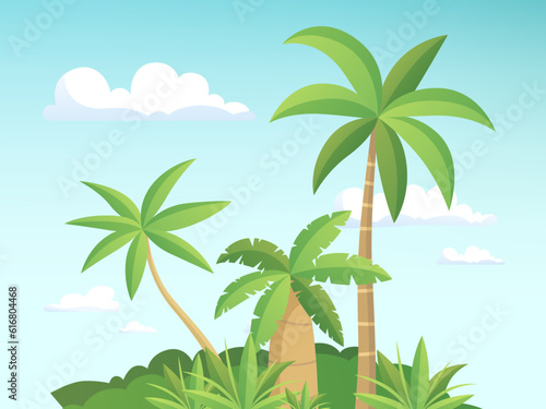 Palm island. Landscape with green island in ocean. Vector illustration