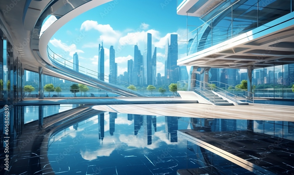Fototapeta premium Embracing the Magnificence of Urban Landscapes: A Captivating Architectural Marvel Revealing the Dynamic Skyline and Modern Business District Amidst a Clear Blue Sky. Generative AI