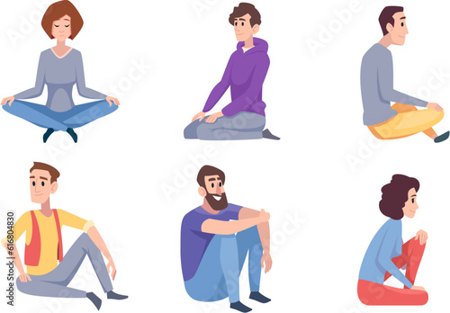 Sitting knees. People male and female sitting on floor different poses exact vector cartoon people