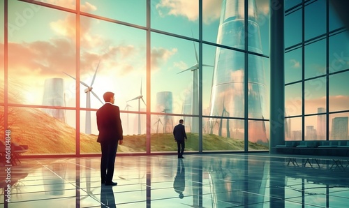 Witnessing a Sustainable Utopia: Two Individuals Gazing Through a Glass Façade into a Futuristic World of Towering Buildings and Abundant Wind Turbines. Generative AI © Pascal