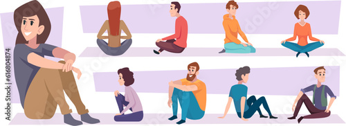 People on floor. Male and female characters knees sitting exact vector persons in different poses