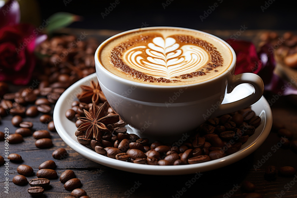 Latte art on hot latte coffee. Aroma coffee cup and coffee beans on wooden desk. Latte art on hot latte coffee. Aroma coffee cup and coffee beans on wooden desk.