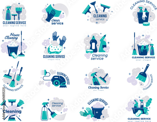 Cleaning service. Household items for cleaning company recent vector templates set with place for text