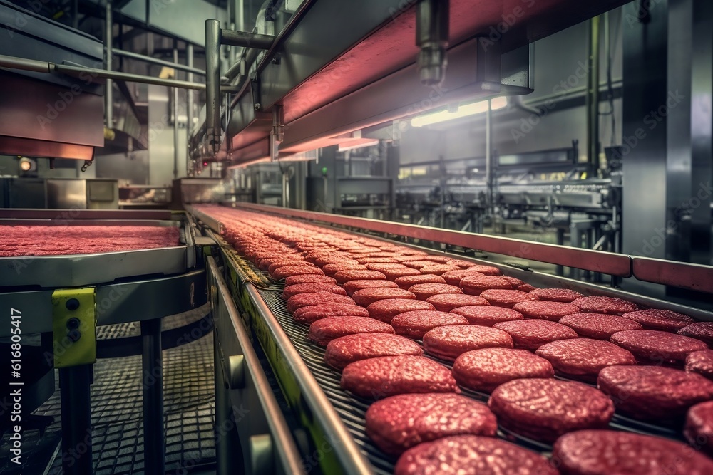Modern Ecological Bio-Print Meat Factory: Conveyor System for Ready-Made Beef Hamburger Cutlets. AI