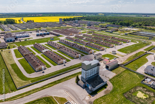 Foto aerial panoramic view over livestock farm and agro-industrial complex with silos