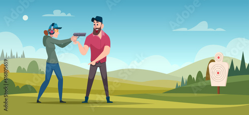 Shooting range. Cartoon background persons with guns in shooting gallery exact vector illustration template