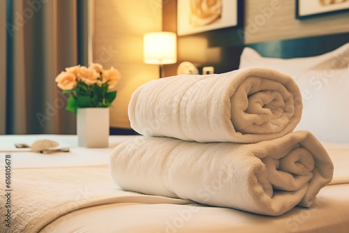Fresh Towels Placed on Bed in Hotel Room. AI