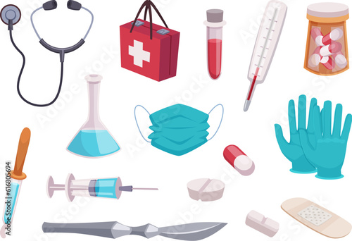 Medical equipment. Pills medical treatment exact vector collection of pharmaceutical icons