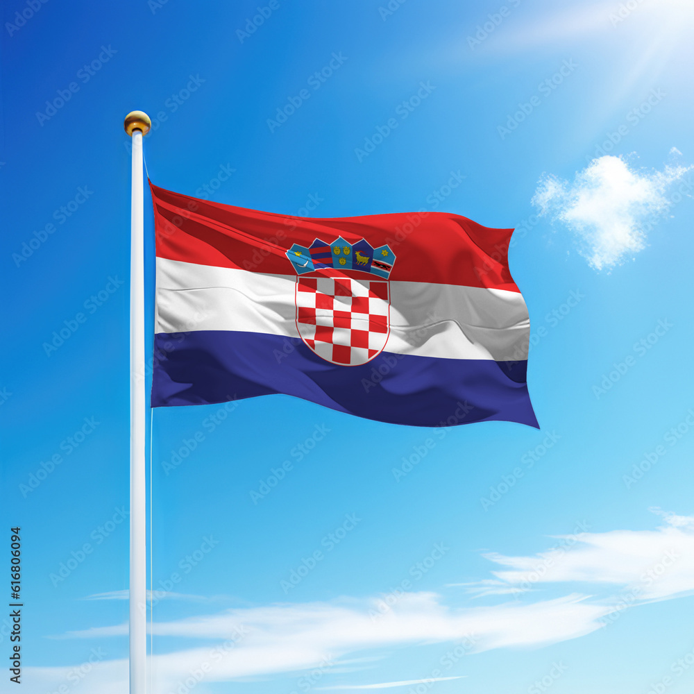 Waving flag of Croatia on flagpole with sky background. Waving flag of Croatia on flagpole with sky background.