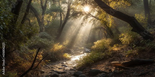 Forest stream and the rays of the sun illuminating the forest space through a light fog. Generative AI