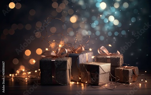 Gifts and flickering lights on the background, garland, sparkles, Postcard, birthday, christmas © kristinblack