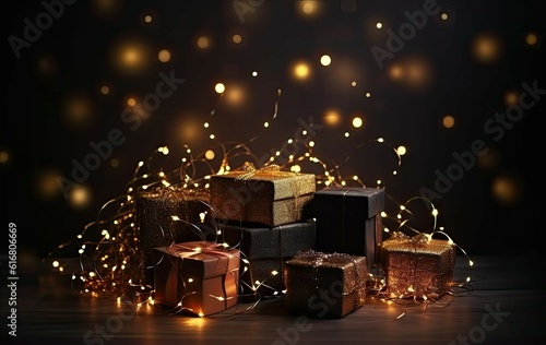 Gifts and flickering lights on the background, garland, sparkles, Postcard, birthday, christmas