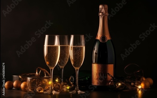 Three glasses with champagne and a gift, new year, background