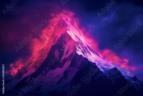 Neon-Lit Avalanche on a Majestic Mountain. AI