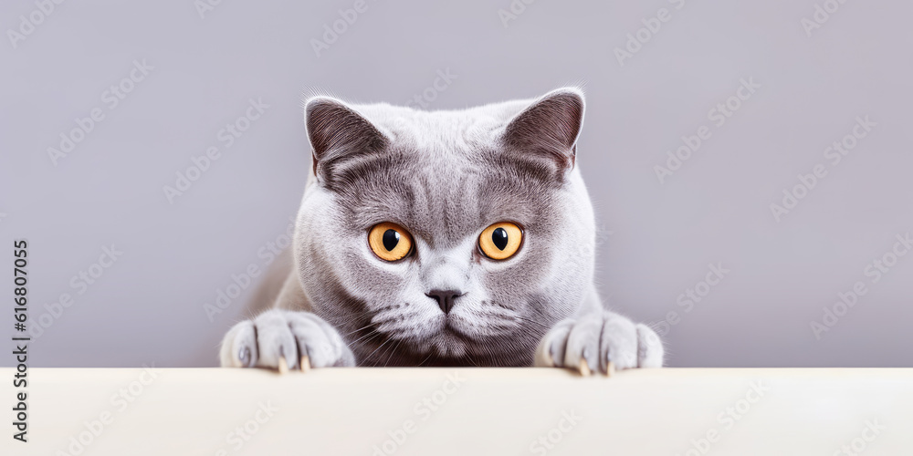Funny gray British Shorthair cat peeking out from behind a white table. Generative AI. Funny gray British Shorthair cat peeking out from behind a white table. Generative AI.