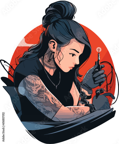 Woman Tattoo Artist Making Tattoo on Arm Vector. Illustration of a girl Tattoo Artist Holding a Tattoo Machine. Vector art