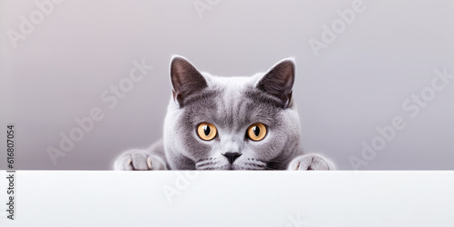 Funny gray British Shorthair cat peeking out from behind a white table. Generative AI.