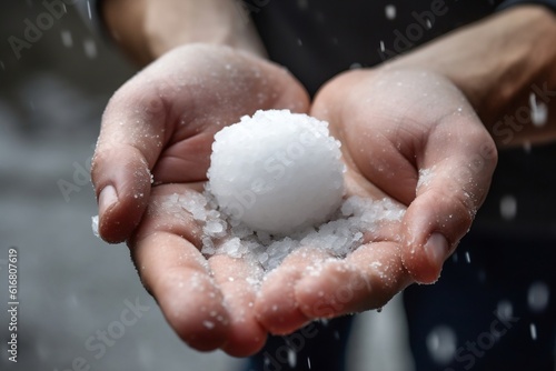 Hand Holding Hail After Hailstorm. AI