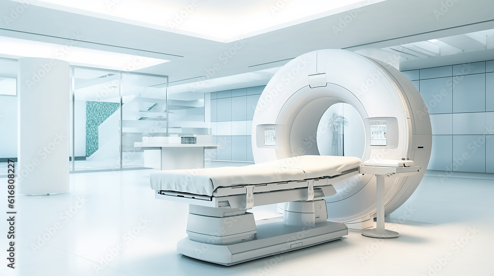 an MRI machine in the interior of a bright hospital. Generative AI an MRI machine in the interior of a bright hospital. Generative AI