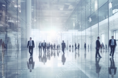 Blurred Business People in a White Glass Office Background. AI