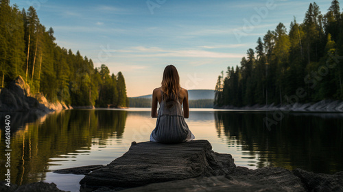 the girl does yoga in nature. Forest and lake. High quality illustration © NeuroSky