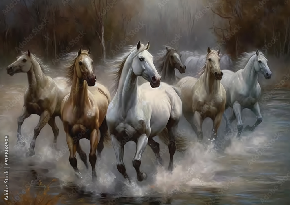 An oil painting depicting a herd of untamed horses galloping. Animal painting collection for decoration, wallpaper, and interior.