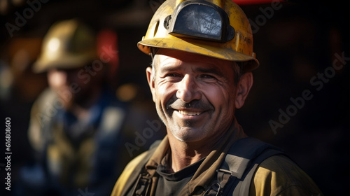 Smiling coal miner in yellow mining hat