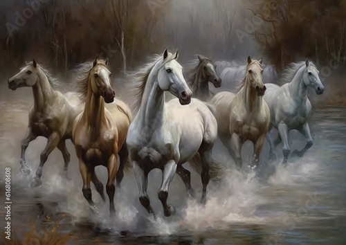 An oil painting depicting a herd of untamed horses galloping. Animal painting collection for decoration  wallpaper  and interior.