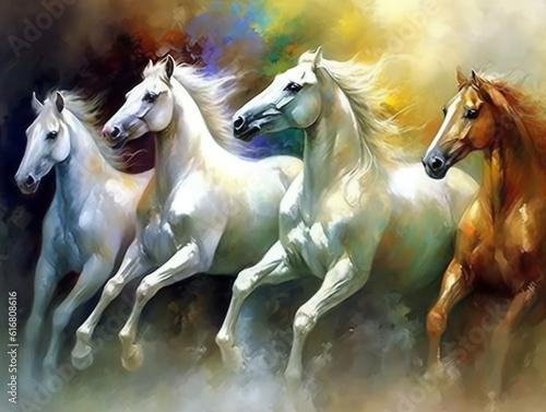 An oil painting depicting a herd of untamed horses galloping. Animal painting collection for decoration  wallpaper  and interior.