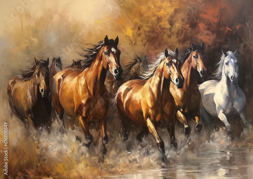 Oil painting of a herd of galloping wild horses. Animal painting collection for decoration  wallpaper  and interior.