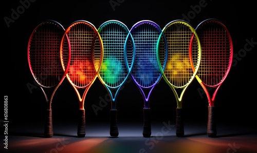 set of tennis rackets, colorful sports background