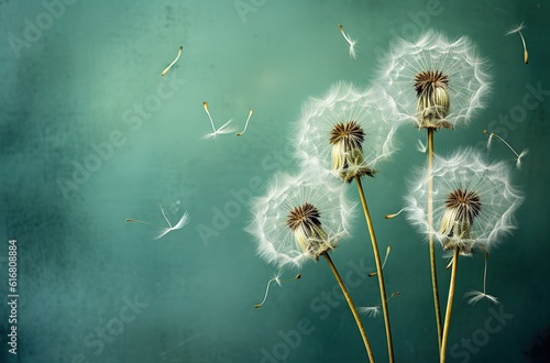 Dandelion seeds flying on a blue turquoise background