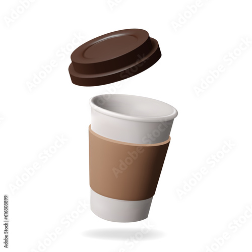 3d Papper coffee Cup with plastic lid. Takeaway coffee or tea to go or delivery concept. Vector illustration isolated on white background.
