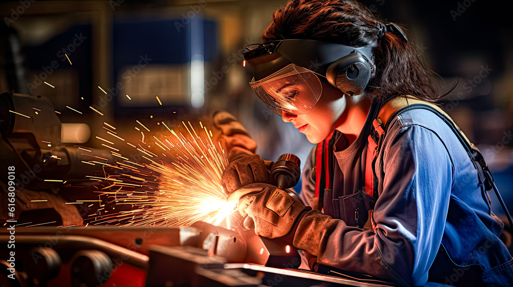 Woman industrial welder with blowtorch at work. Generative AI. 2 Woman industrial welder with blowtorch at work. Generative AI. 2