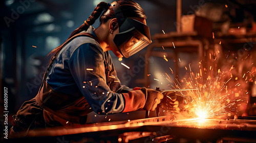 Woman industrial welder with blowtorch at work. Generative AI. 3