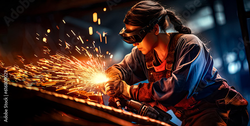 Woman industrial welder with blowtorch at work. Generative AI. (1)
