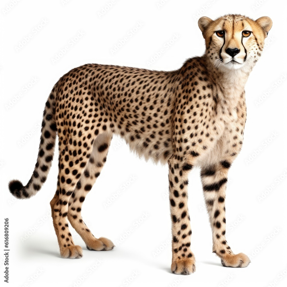 Majestic cheetah standing in front of a blank background created with generative ai technology Majestic cheetah standing in front of a blank background created with generative ai technology